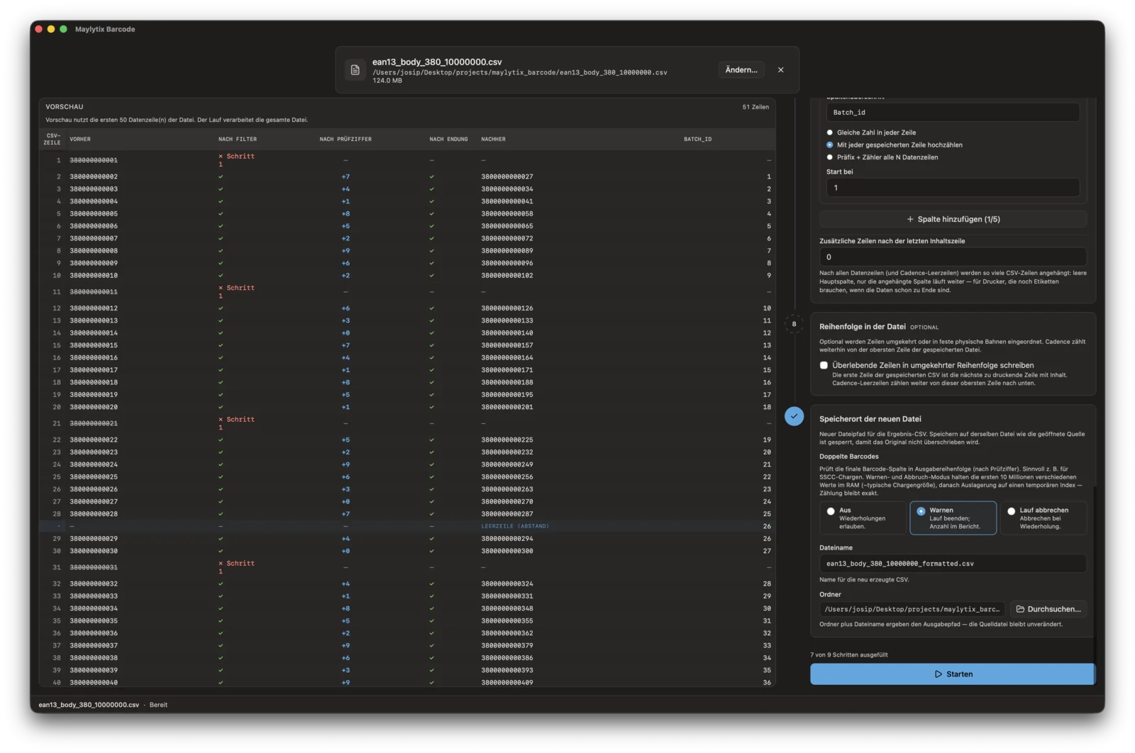 MayLytix Barcode CSV-Transformation mit Vorschautabelle und Ausgabeeinstellungen.