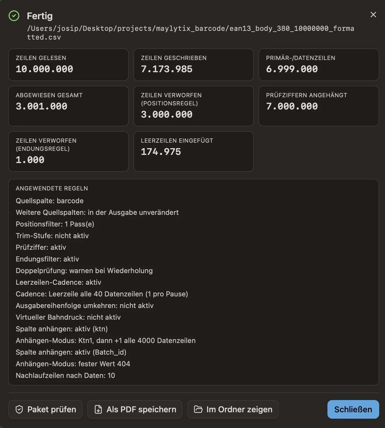 MayLytix Barcode Laufzusammenfassung mit Kennzahlen und angewandten Transformationsregeln.
