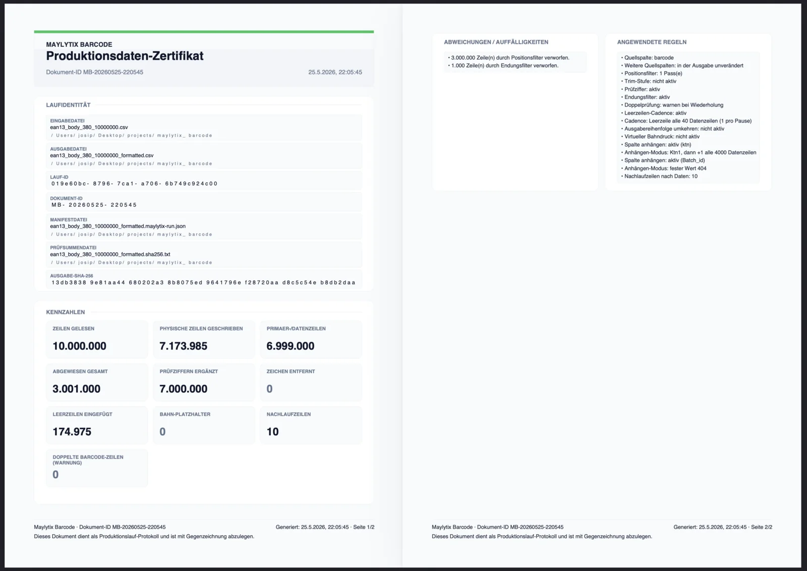MayLytix Barcode Produktionsdaten-Zertifikat mit Prüfsummen und Kennzahlen.