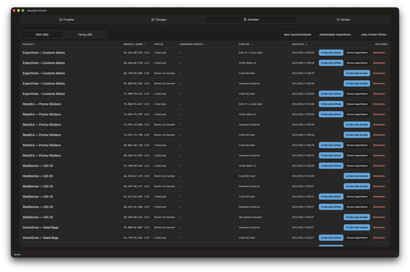 MayLytix Studio Erstellen-Ansicht mit An Barcode senden und Export-Warteschlange.