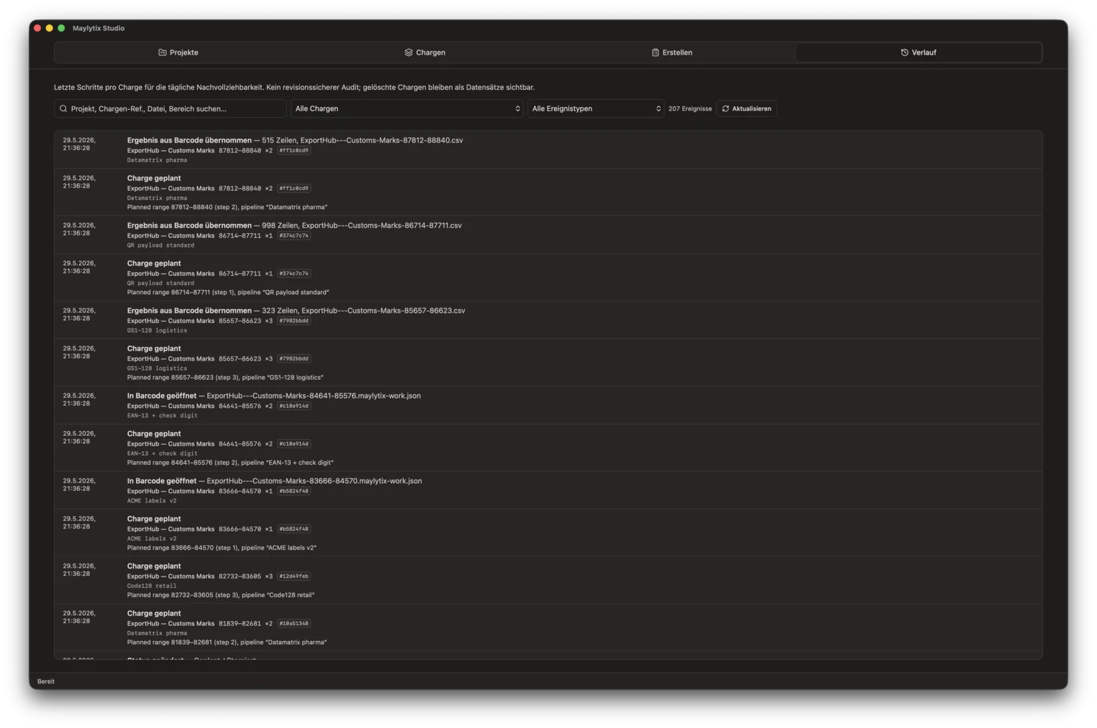 MayLytix Studio Verlauf mit Chargenereignissen, Suche und Filter nach Ereignistyp.