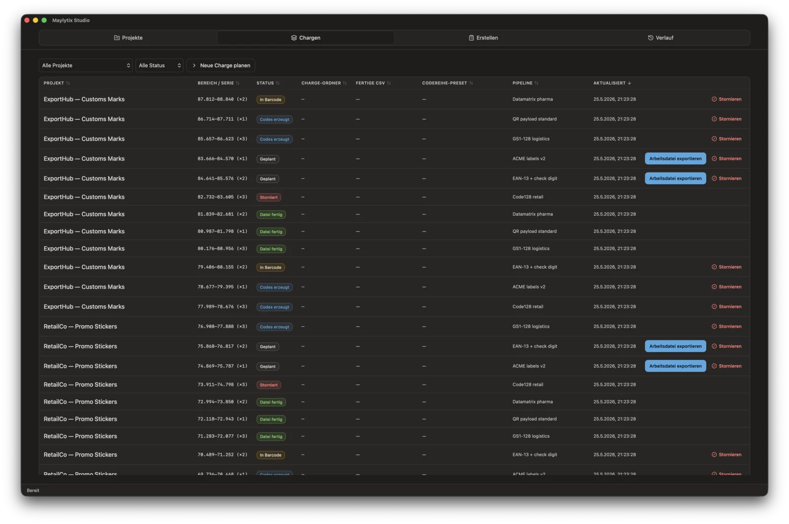 MayLytix Studio Chargenübersicht mit Projektbereichen, Pipeline-Vorlagen und Produktionsstatus.