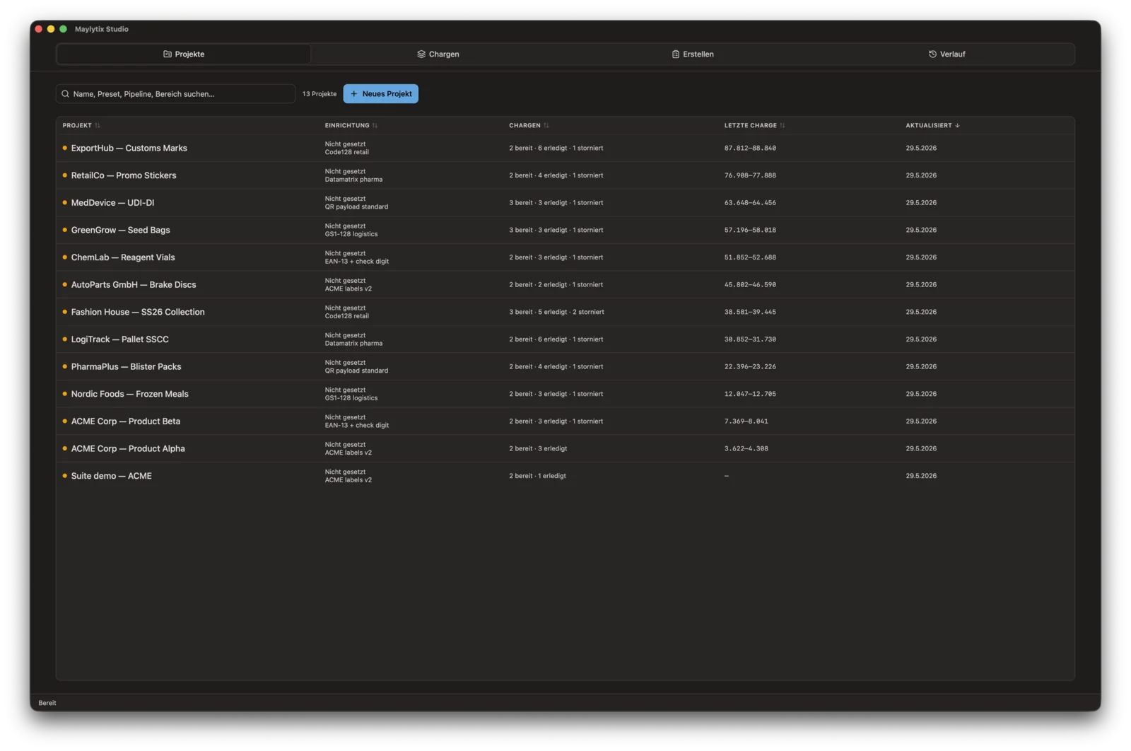 MayLytix Studio Projekte-Ansicht mit Kundenprojekten, Barcode-Vorlagen und Chargenverlauf.